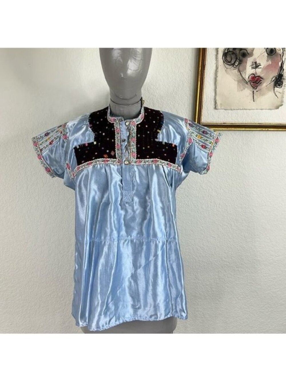 VTG Costume Baldor Chamula Embroidered Mexican Satin Pastel Floral Huipil Floral